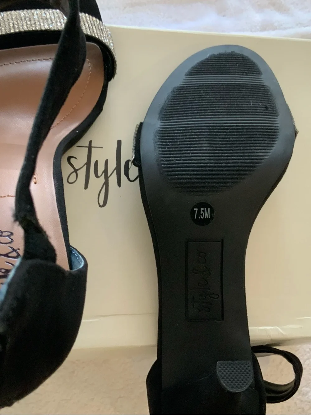 Style & Co. Black Ankle-Strap Rhinestone Sandals new 2” heels size 7.5. SKU 3276